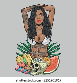 Beach bikini girls colorful emblem African American ethnic tattooed woman with cocktails and ice cream for tropical party vector illustration