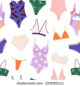 Beach bikini seamless pattern. Swimsuit clothes, bra or top and pantie. Hawaii girl accessories, summer color vacation racy fashion vector print