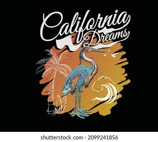 Beach bird print design for t shirt print, poster, sticker, background and other uses. Ocean wave retro print artwork.