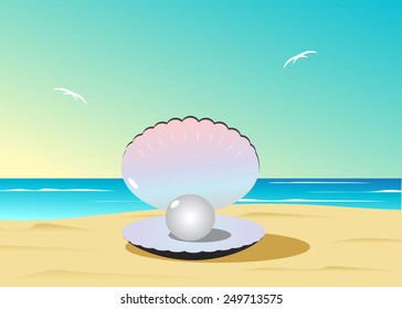  A beach, birds and a cockleshell with pearls on sand