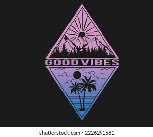 Beach with black palm tree vector t-shirt design. summer vibes artwork design. Adventure at the mountain graphic artwork for t shirt and others. Mountain with tree retro vintage print design.