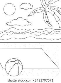 Playa, manta, bola y palmera. Dibujo para colorear, ilustración vectorial en blanco y negro.