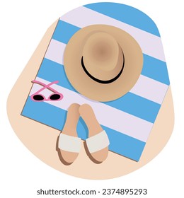 beach, blanket, glasses, slippers and straw hat
