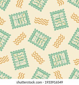 Beach bliss typography vector seamless pattern background.Pastel sage green orange background with decorated text on stamp shapes and doodle waves. Repeat for summer travel, vacation resort concept