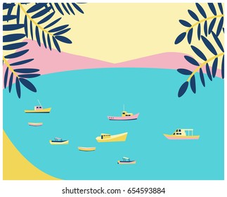 Beach blue coast. Marine view poster with fishing boats, yachts and ships. Retro vintage poster in flat style. Vector illustration.