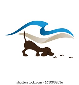 beach and blue ocean wave in behind of small dog tracing paws trail, vector