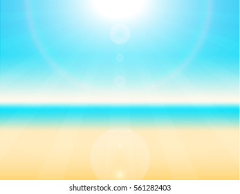 Beach with blue sea and sun beam background. realistic tropical sand backdrop. vacation holiday scenic. natural seasonal for tourist.