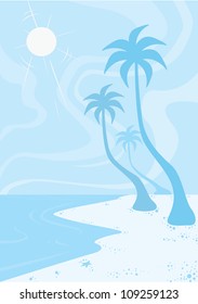 Beach, in Blue, Sun Sand Surf, Coconut Trees, vector illustration