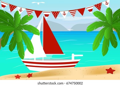 Beach, boat, ocean. Cartoon. Vector illustration.
