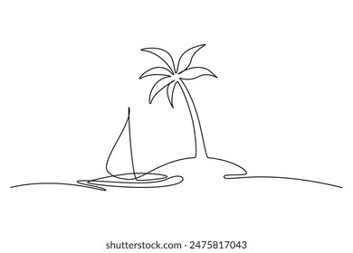 Beach with boat and palm tree continuous one line icon drawing on white background. Tropical oasis island vector illustration in doodle style. Contour linear sign design for card, poster, banner