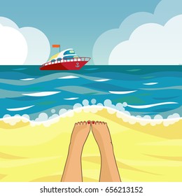 Beach and boat. The seascape. Speedboat on the horizon. Vector illustration.