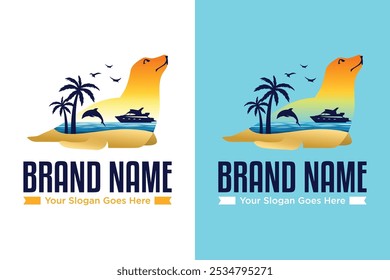 beach boat ship dolpin with seal shape vector illustration logo design