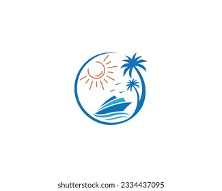 Beach boat and sunset scenery logo design with palm tree symbol vector icon template.