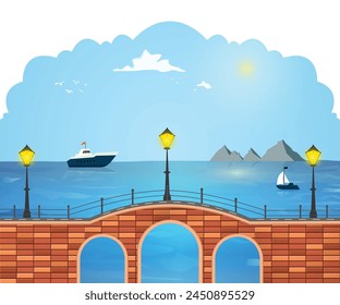 Beach and boats in the sea, suspension bridge and street lamp poles over water vector illustration