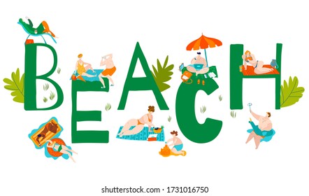 Beach body positive plus size women in bikini, swimming suits sun bathing, flat big letters vector illustration isolated on white. Beach overweight people on sea resort vacation.