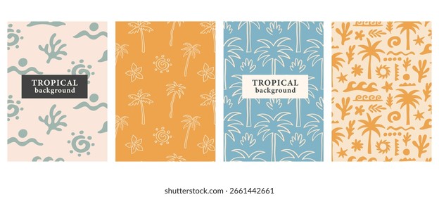 Beach boho cover backgrounds collection. Palm tree, ocean waves vector repeat pattern. Hand drawn tropical summer brochure, banner, wallpaper design.
