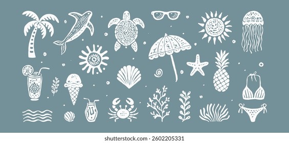 Beach boho vintage icon set. Hand drawn palm tree, sun and sea, seashells, coral, crab, turtle, cocktail, ice cream, whale in naive groovy style. Tropical surf club concept, vacation and travel.