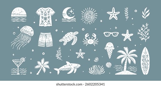 Beach boho vintage icon set. Hand drawn palm tree, sun and sea, seashells, coral, crab, turtle, cocktail, ice cream, whale in naive groovy style. Tropical surf club concept, vacation and travel.