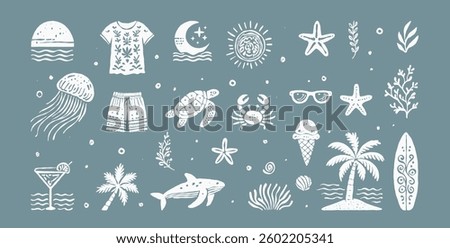 Beach boho vintage icon set. Hand drawn palm tree, sun and sea, seashells, coral, crab, turtle, cocktail, ice cream, whale in naive groovy style. Tropical surf club concept, vacation and travel.