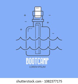 Beach Bootcamp Logo Or Label Template In Linear Style. Summer Camp Logotype With Message Bottle In Thin Line Design. Shipwreck Letter Outline Icon.