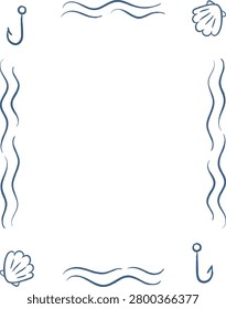 Beach border with wavy lines, shell corners, and fishing hook corners in sketch style. Summer vibe for party invite, vacation flyer, or sea themed greeting. Cartoon vector illustration.