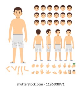 beach boy character set. Full length. Different view, emotion, gesture.
