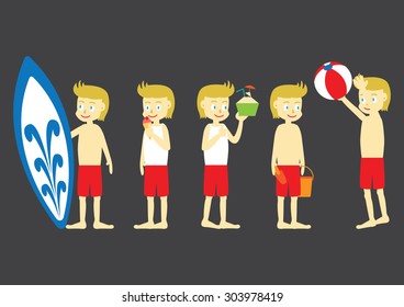 Beach Boy Flat Cartoon Design with different activities