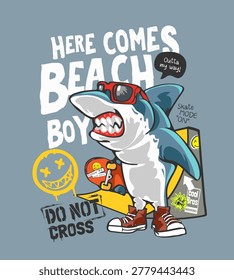 beach boy slogan with cartoon shark in sunglasses and sneakers graphic vector illustration