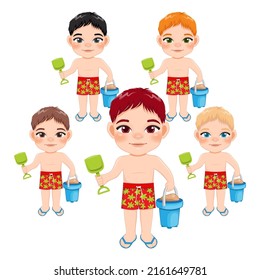 Beach boy in summer holiday. Kids holding sand bucket cartoon character design vector