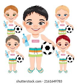 Beach Boy In Summer Holiday. Kids Holding Football And Water Bottle Cartoon Character Design Vector