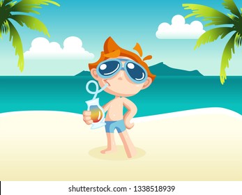Beach boy vector illustration. Boy with cocktail on the beach vector illustration.