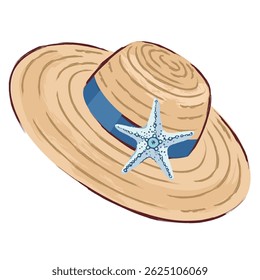 Beach braided hat with blue ribbon and starfish. A straw hat with marine decor. Illustrated vector clipart.