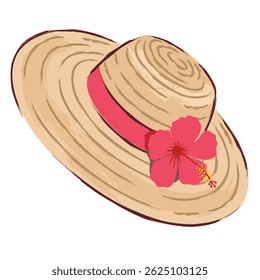 Beach braided hat with red ribbon and hibiscus. A straw hat with a red flower. Illustrated vector clipart. Hand draw no ai