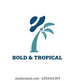 Beach Brand Logo Design with vector illustration of Palm Trees and Hat