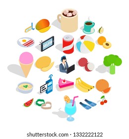 Beach breakfast icons set. Isometric set of 25 beach breakfast vector icons for web isolated on white background