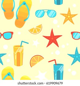 Beach bright seamless pattern include sunglasses, starfish, cocktail, flip flops, orange slice