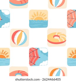 Beach bright umbrellas, ball, swimming ring in a simple style. Seamless vector summer pattern.