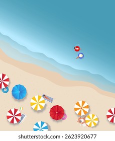 Beach with bright umbrellas and people swimming and sunbathing