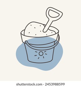 A beach bucket decorated with the sun is full of sand. Hand drawn vector outline icon.