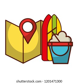 beach bucket sand surfboard and map travel vacations