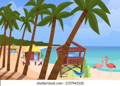 Bugalow de playa, fondo del hogar, ilustración vectorial. Viaje en verano en el edificio de la estación balnearia plana, casa de campo cerca del mar. Vacaciones de caricatura, descanse en el océano y casa de madera sobre pilotes.