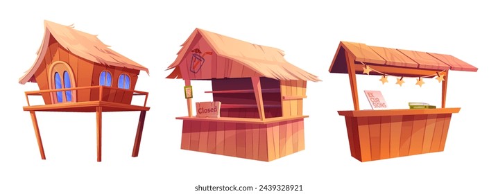 Strandgebäude - Ferienhaus, Tiki-Bar und Hütte mit Ausflugsangebot. Cartoon Vektor Illustration Set von Holzhütten mit Strohdach für Meer oder Ozean Ufer Landschaft Design für Sommer-Konzept.