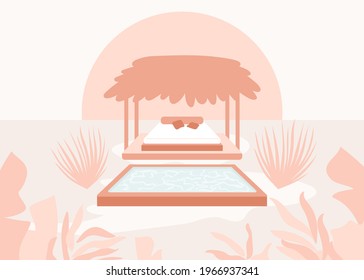 Beach bungalow of hotel resort. Bed in hut near swimming pool. Perfect scene vacation poster, print, card, summer holiday concept. Palm leaves, sunrise, pink trendy colors. Abstract landscape.