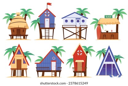 Beach-Bungalow-Häuser oder Sommerresidenz-Hütten Set, flache Vektorgrafik einzeln auf weißem Hintergrund. Sammlung von Strandhäusern oder Bungalows.