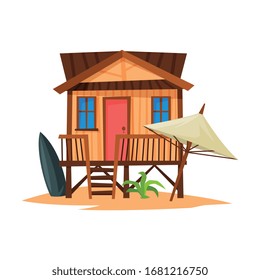 Beach Bungalow on Coast of Tropical Sea, Summer Seaside Vacation Wooden Cabin Vector Illustration