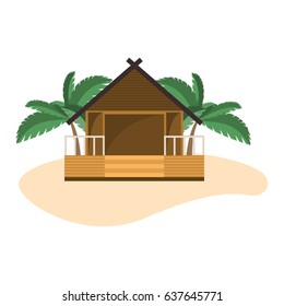 Beach bungalow on small island with palms. Isolated object on white background.