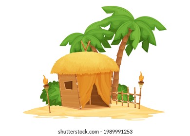 Beach bungalow, tiki hut with straw roof, bamboo and wooden details on sand in cartoon style isolated on white background. Fantasy building with palm trees, torch. Travel concept. Vector illustration