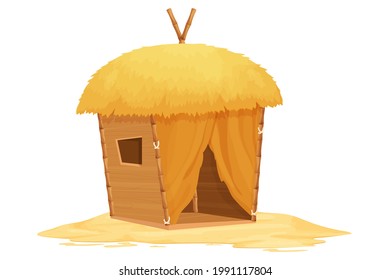 Beach bungalow, tiki hut with straw roof, bamboo and wooden details on sand in cartoon style isolated on white background. Fantasy building, vacation concept. Vector illustration