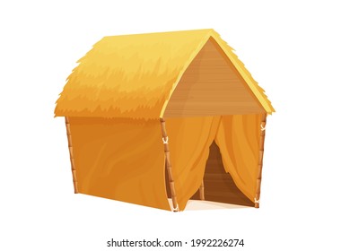 Beach bungalow, tiki hut with straw roof, bamboo and wooden details on sand in cartoon style isolated on white background. Fantasy building, vacation concept. Vector illustration