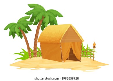 Beach bungalow, tiki hut with straw roof, bamboo and wooden details on sand in cartoon style isolated on white background. Fantasy building with palm trees, torch. Travel concept. Vector illustration